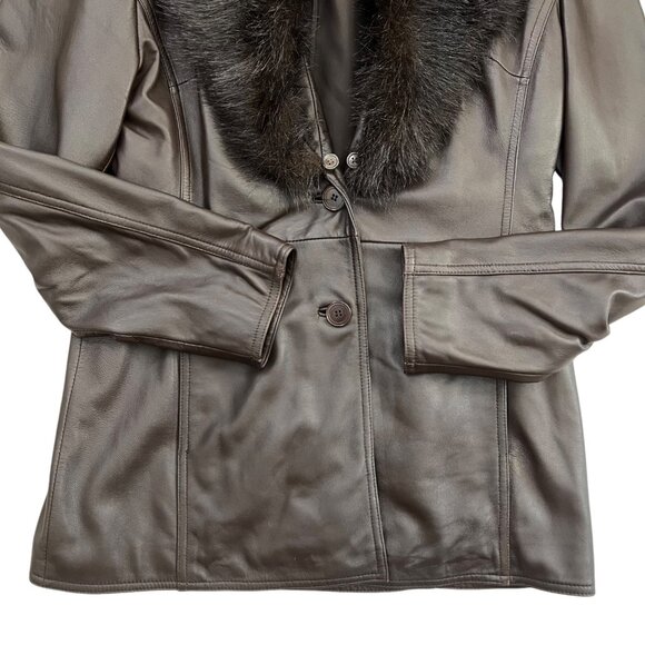 VIntage Mid Length Leather‎ Penny Lane Jacket Brown M Removable Faux Fur Collar - Picture 6 of 16